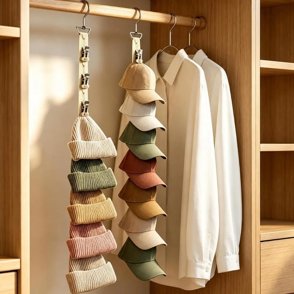 Portable 7 Clips Wardrobe Hat Rack Space Saving with Hook Wardrobe Hat Hanging Rope Hat Storage Clips Hat