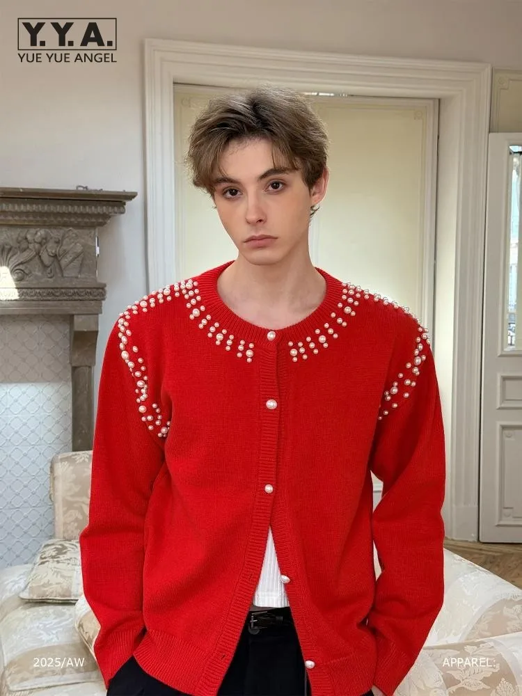 

Male Autumn Winter Casual Daily Red O Neck Sweater Jacket Single Breasted Knitted Cardigan Long Sleeve Overcoat Tops Knitwear