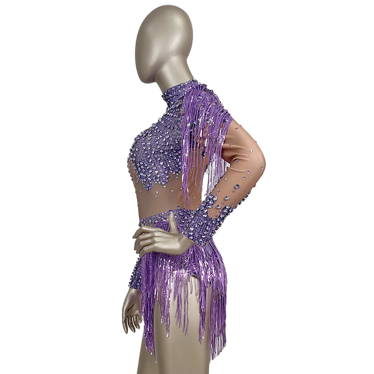 Nightclub Sexy Women Spandex Tight Fitting Bodysuit Sparkly Rhinestone Sequins Tassel Bodysuit Party Dance Show Outfit Xinniang