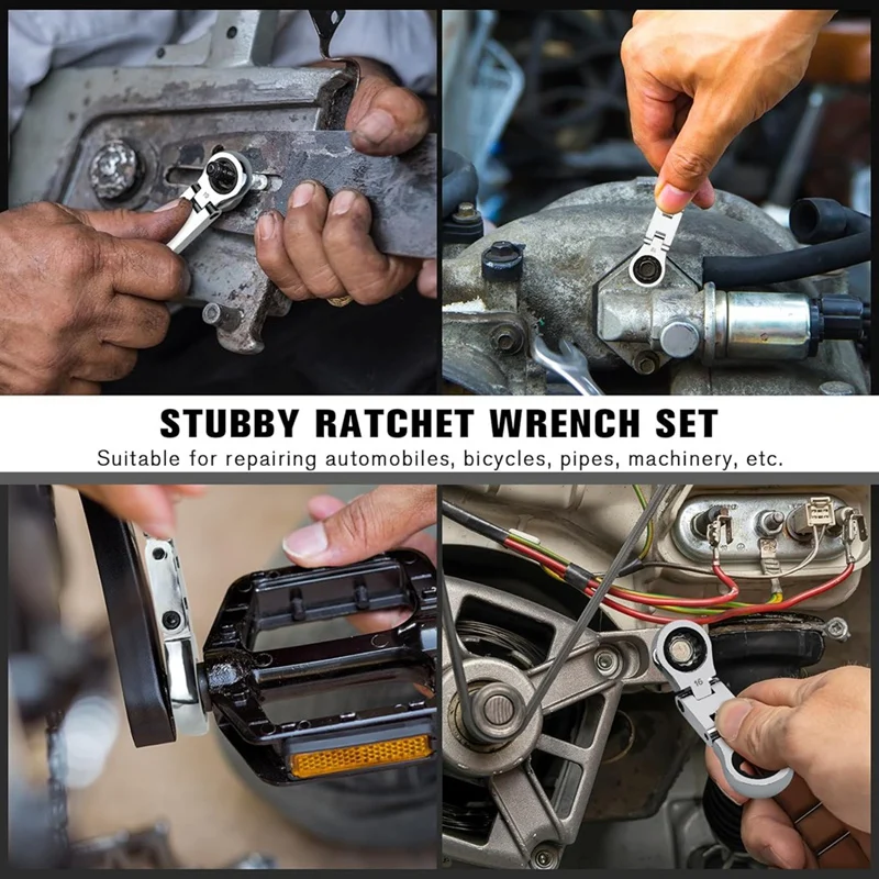 5-Piece Flex-Head Stubby Ratcheting Combination Wrench Set, Mini Wrench Set, Double Box End Flex-Head, Mini Spanner Set