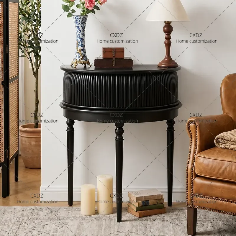 Solid Wood Entrance Cabinet Semi Round Entry Table Cream Style Hallway Console Living Room Small Side Table Simple Black