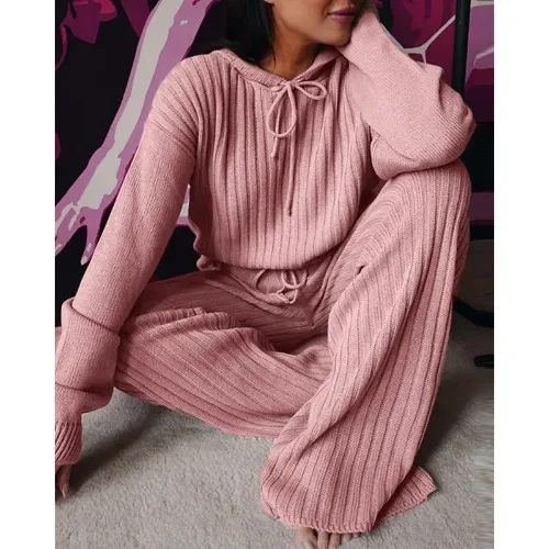Explosive Female Knitted Suit Two Pieces of Fall and Winter New Long-sleeved Loose Hooded Leisure