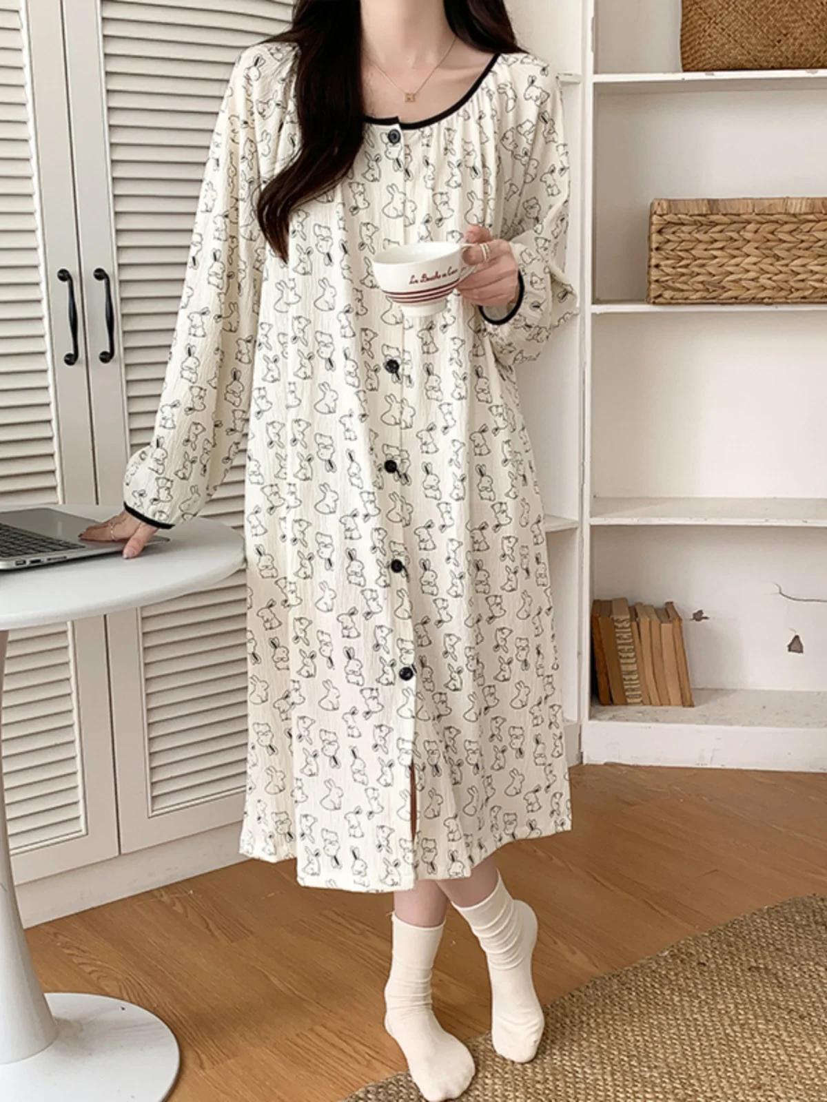

Large Size Rabbit Print Sp Dr Women's Spring Autumn Cardigan Sle Home Clothes Long Sve Mid-Length Spwear
