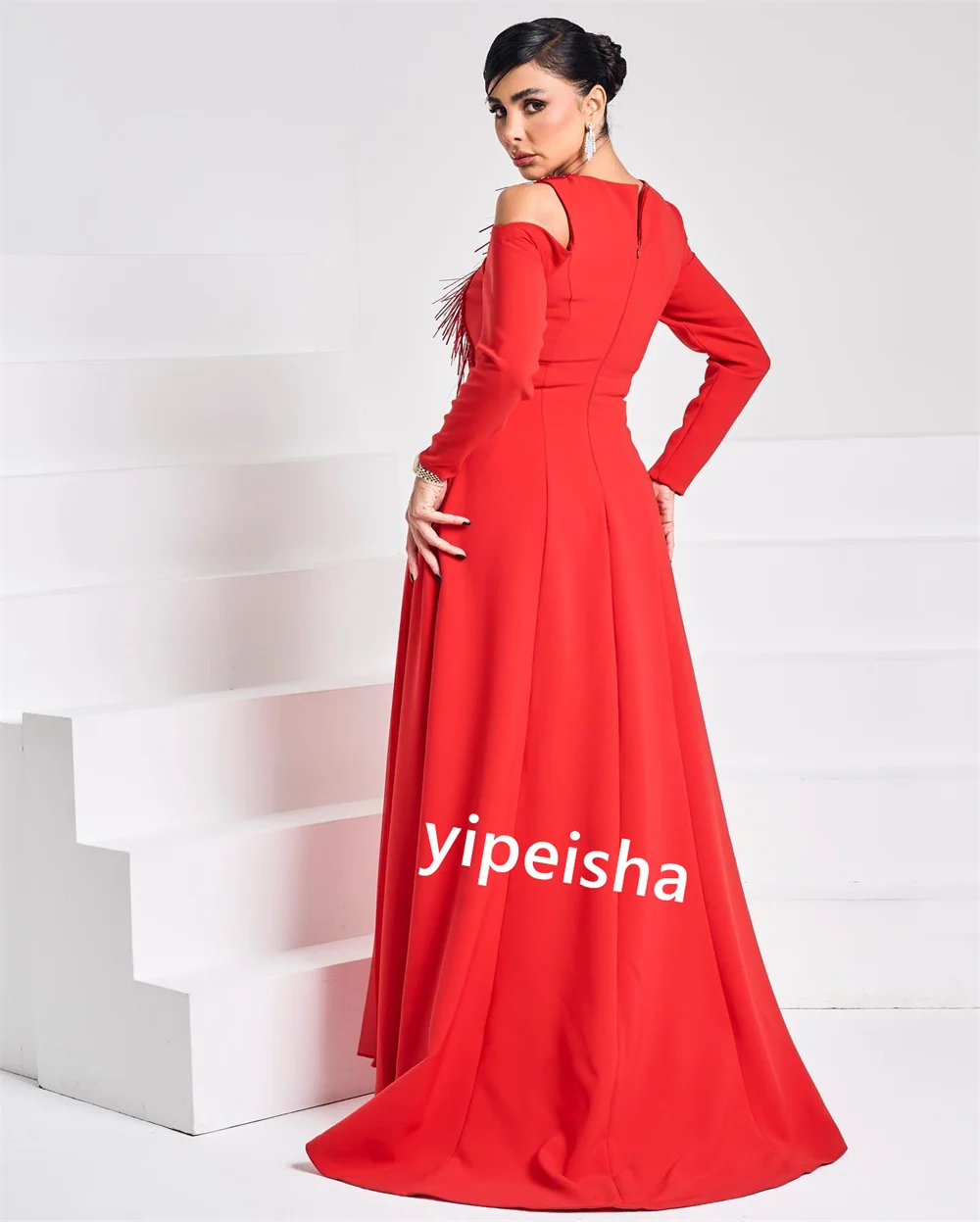 Customized  Satin Feather Draped Valentine's Day A-line O-Neck Bespoke Occasion Gown Long Dresses Saudi Arabia