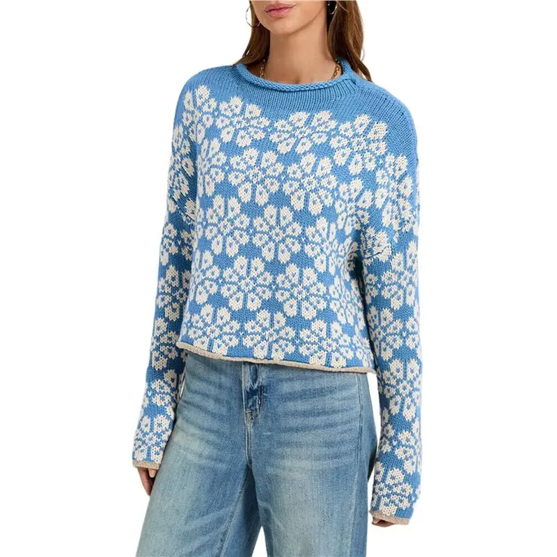 TEXU Women Vintage Floral Jacquard Color Block Trim Cropped Drop Shoulder Knit Sweater Blue S