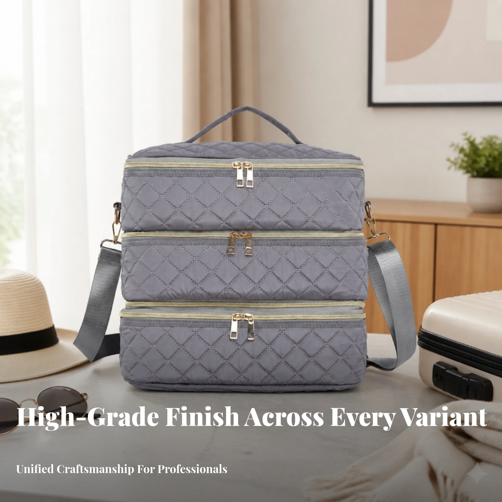 Multi-Compartment Cosmetic Bag Long-Lasting Quilted Storage Bag with Shoulder Strap Makeup Case with Shoulder Strap Sturdy