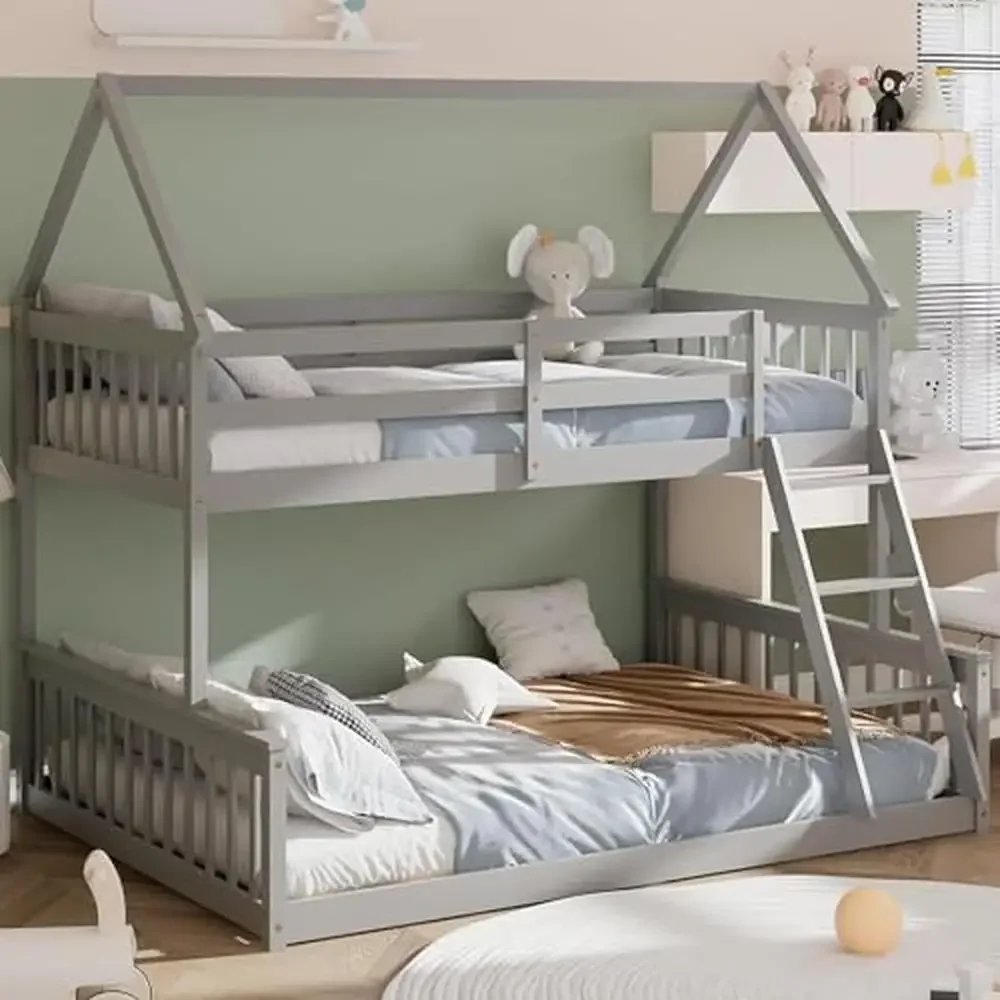 

Twin Full Bunk Bed Solid Wood House Frame Ladder Safety Guardrails Space Saving Convertible Floor Bunk House Design Kids Bedroom