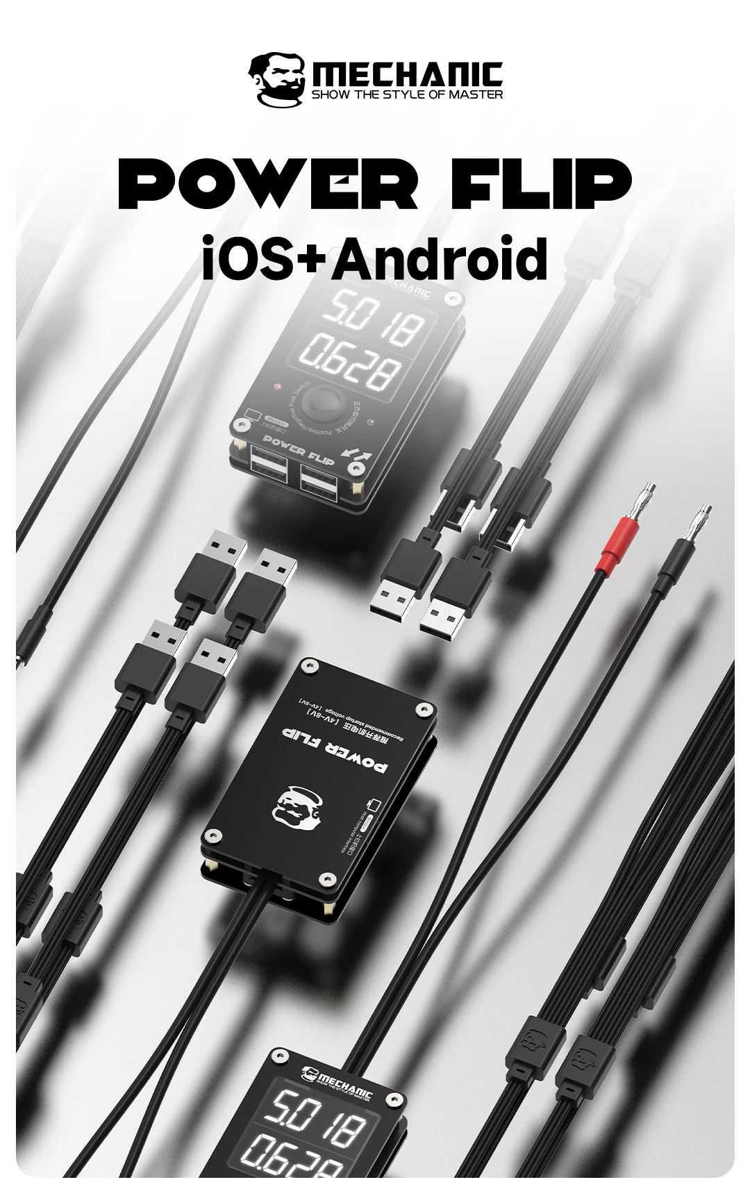 MECHANIC Intelligent Power On Cable For iOS+Android Real Time Display of Voltage and Current Power Flip Mobile Phone Repair Tool