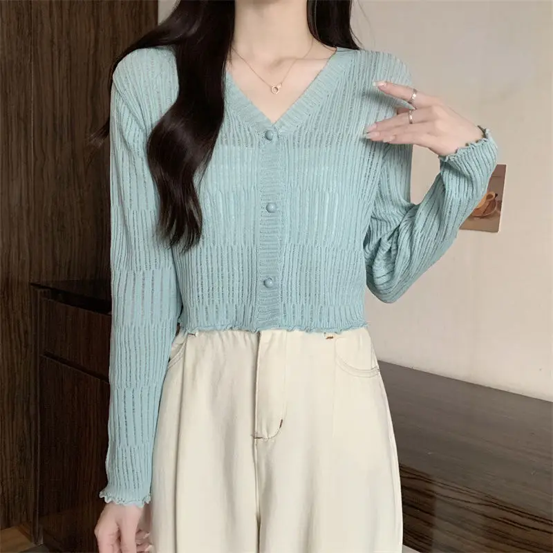 V Neck Solid Color Long Sleeved Women Casual Korean Style Tee Cardigan Clothes Female Vintage Butterfly Sweet Ropa Mujer Top