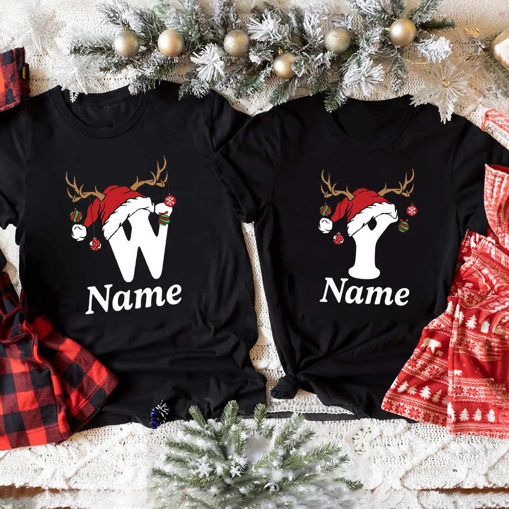 Personalized Christmas Family Matching Shirt Initial with Name T-shirt Dad Mom Sister Brother Shirts Tops Baby Bodysuit Romper