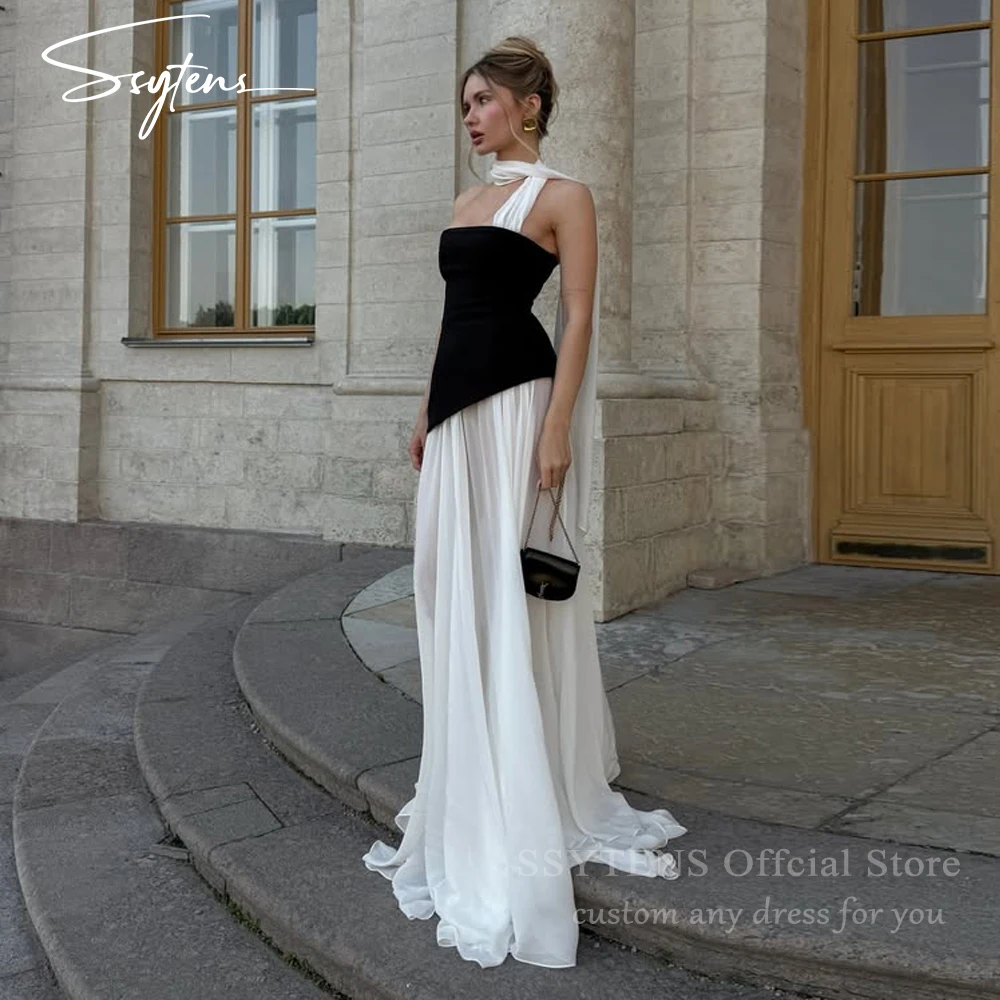 

SSYTENS Black White Long Evening Dresses Pleats A-Line Prom Dresses Event Vestidos Wedding Prom Gowns Floor Length Party Gowns