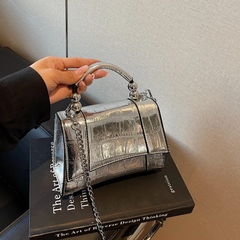 

2025 Female Shoulder Bag PU Leather Silver Black Purses and Handbag Crocodile Pattern Women Cross Bag Vintage Short Handle Bag