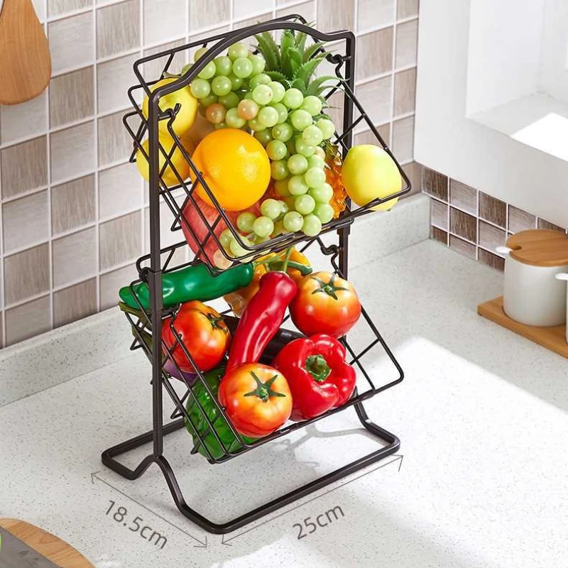 2 Tier Multi-functional Storage Basket Household Black Iron Fruit Basket Stand for Holding Candy/Biscuits/Fruits/Books