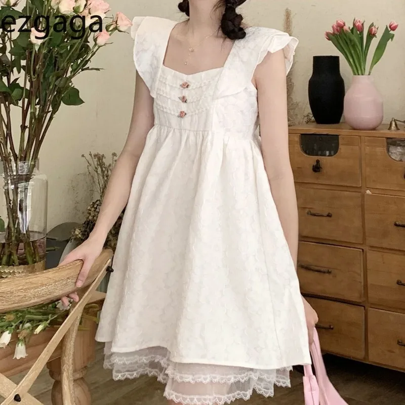 

Ezgaga Woman Dress Sweet Flying Sleeve Loose Hollow Out Backless Suqare Collar Lace Patchwork Flowers Mini Dresses Ladies Casual