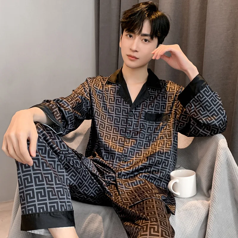 

High Quality Pajamas Set Men's Ice Silk Short-sleeved Sleepwear Summer Thin Satin Loungewear Suit Male Spring and Autumn Pyjamas