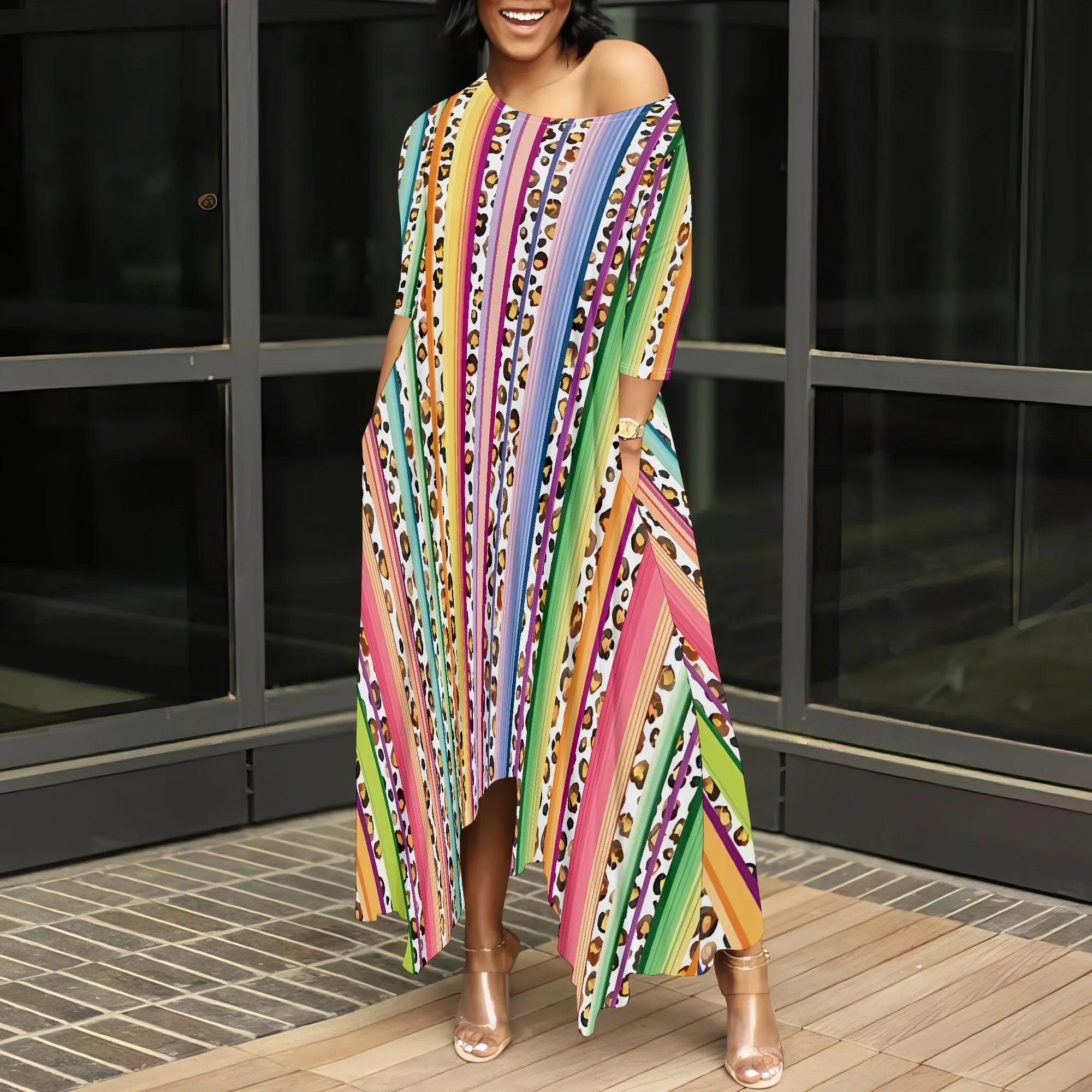 

Nupusa Rainbow Leopard Stripe Dress for Women Standard Size Summer Casual Off - Shoulder Half Sleeve Maxi Dress