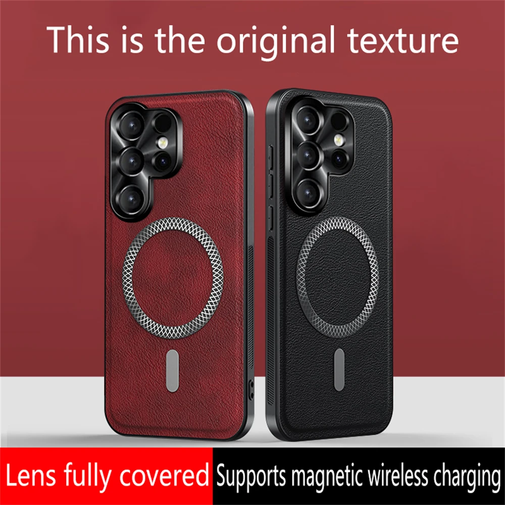 

Кожаный чехол с магнитной беспроводной зарядкой для Samsung Galaxy S26 S25 Ultra S24 S23 Plus S22 S21 FE для магнитного ощущения кожи