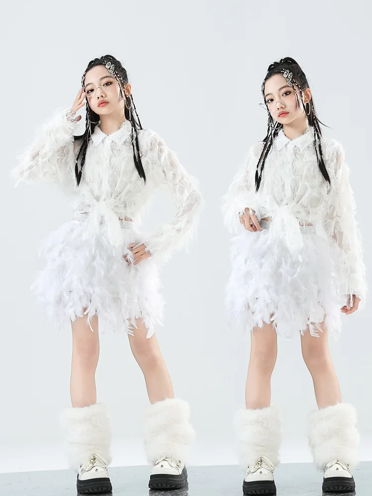 แฟชั่นเสื้อผ้าเต้นรําแจ๊สสาวชุดเวทีกระโปรงขนนกสีขาวKpopประสิทธิภาพเสื้อชุดแสดงเครื่องแต่งกายStreet Dancewear 3280