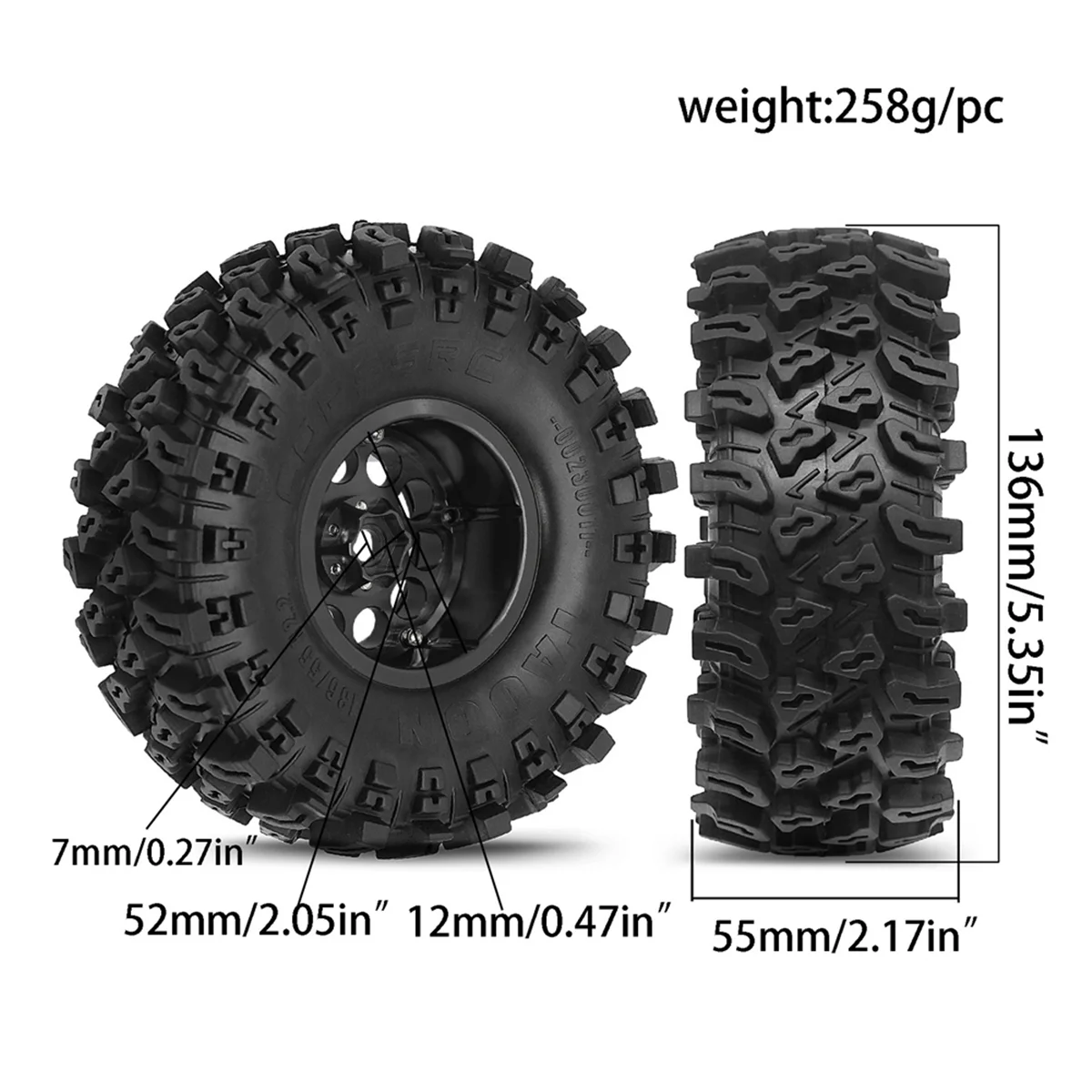 

ATP6 4pcs 136mm 1.9inch Metal Beadlock Wheel Rim Rubber Tire Set for 1/8 1/10 RC Crawler Car TRX4 D90 D110 Axial SCX10 A