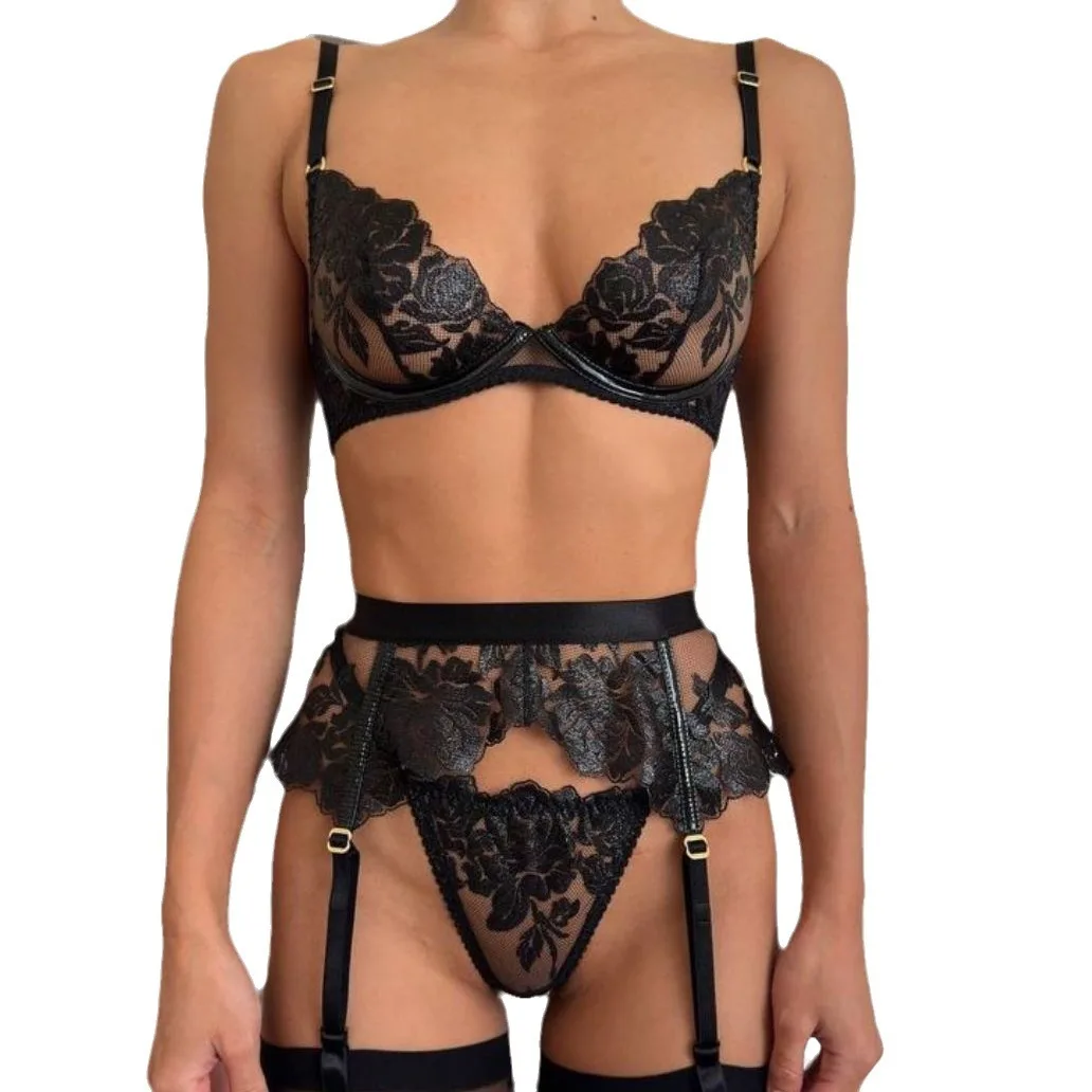 Black flower embroidery with steel ring bra and g-string panties female sexy lingerie three-piece set European and American cros
