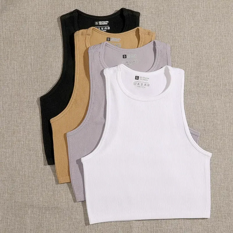 Crop Top Women Solid Basic T-shirts Vest Seamless Streetwear Elastic Rib-Knit Sleeveless Casual Tank Tops Female