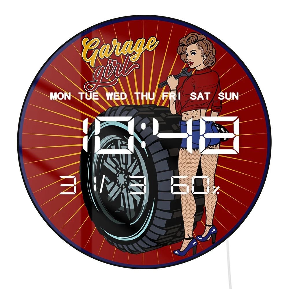 Pin Up Rockabilly Girl LED Digital Wall Clock with Timer Date Temperature Display Electronic Wall Clock for Garage Tire Shop
