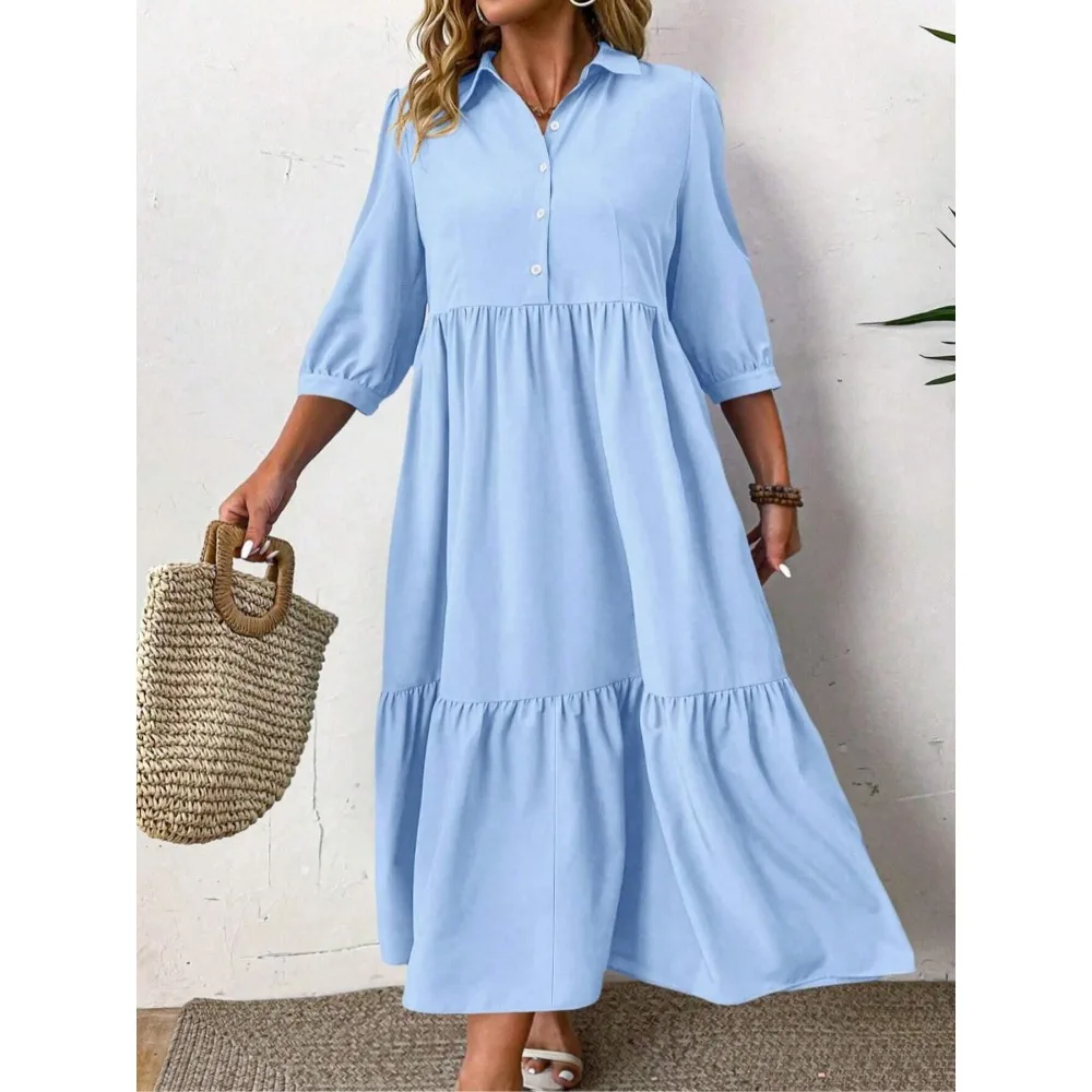Sukienka codzienna dla kobiet plus size z rękawami do połowy ramienia, plisowana z przodu, zapinana na guziki, modna sukienka do noszenia na co dzień dla kobiet.