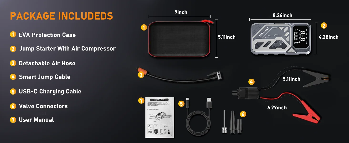 PAIVIROKU 5-in-1 Starthilfe mit Luftpumpe 5000APeak Starter 150PSI Digitaler Reifenfüller Auto-Batterie-Starthilfe Powerbank – Detail 8