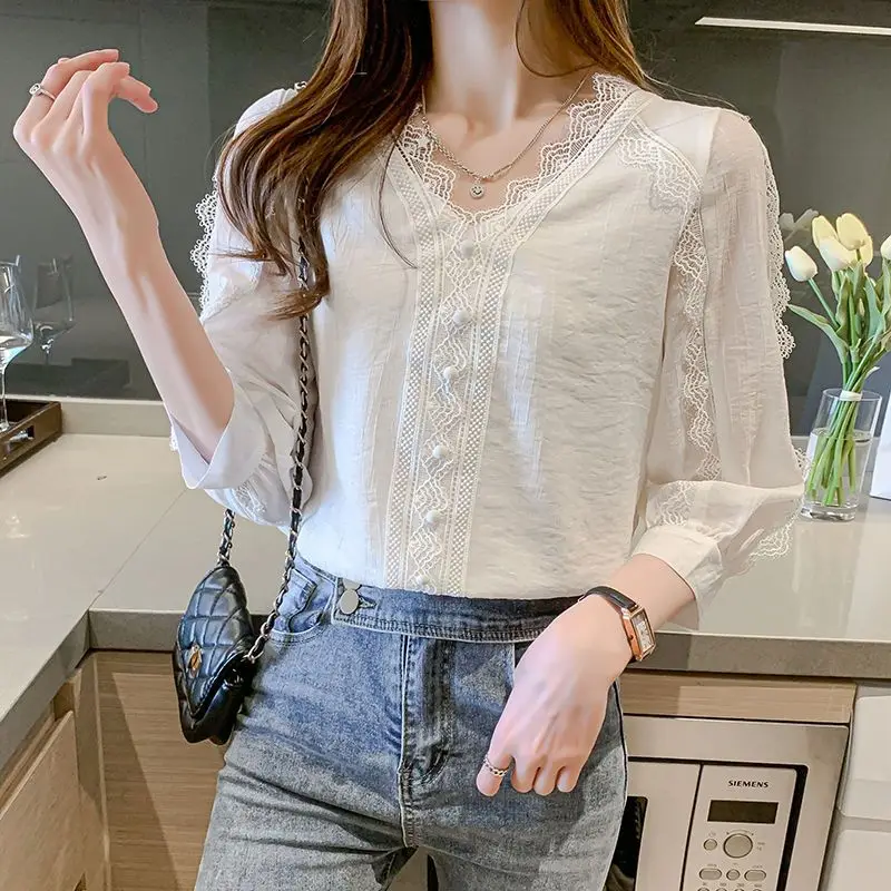 Women Summer Lace Patchwork Elegant Chic White Blouse Korean Fashion V Neck 3/4 Sleeve Casual Shirts Female Chiffon Tops Blusas