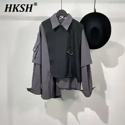 HKSH Spring Autumn New Dark Trendy Men's Dark Irregular Fake Two-Piece Shirts Spliced Workwear Patchwork Shirt Chic Trend HK2254
