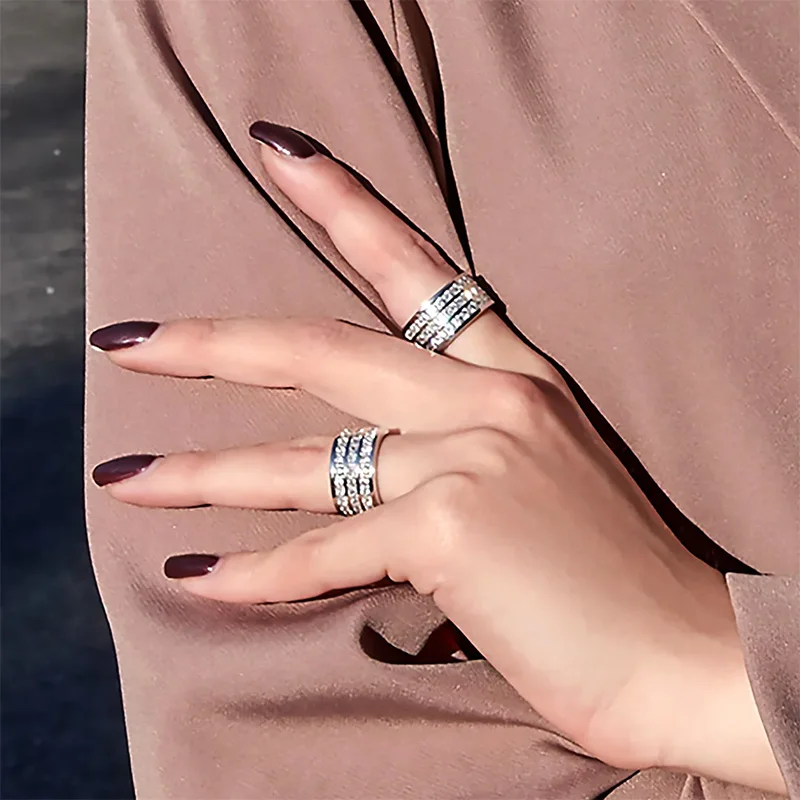 Huitan Three-Lines CZ Rings Luxury Silver Color Accessories for Women Sparkling Bridal Wedding Bands Rings New Trendy Jewelry