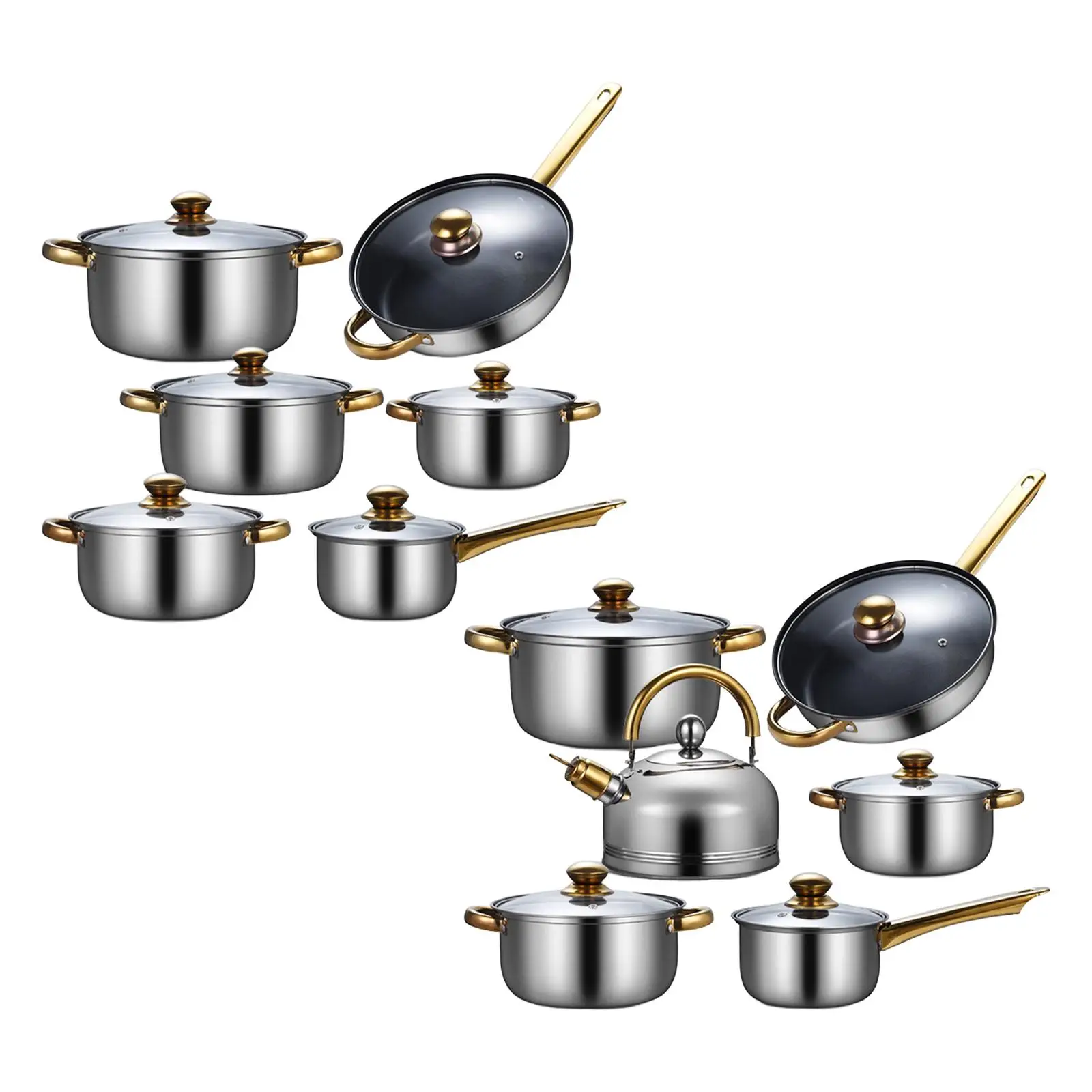 6Pcs Cookware Set with Glass Lid Frying Pan Soup Pot Saucepan Nonstick Pan Set 410 Stainless Steel for Home Kitchen Cooking