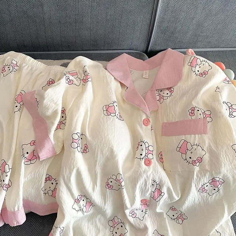 New Kawaii Hello Kitty Pajamas Sanrio Cute Cartoon Anime Summer New Short Sleeved Home Furnishing Comfortable Cool Set Girl Toy