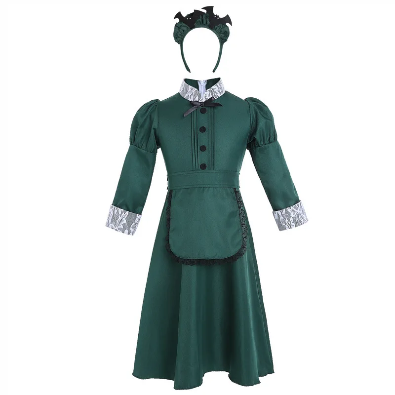 Vestido verde oscuro de encaje Vintage para niños, disfraz de Cosplay para mujer, lindo puño estampado, sombreros, ropa de fiesta de vacaciones de escenario