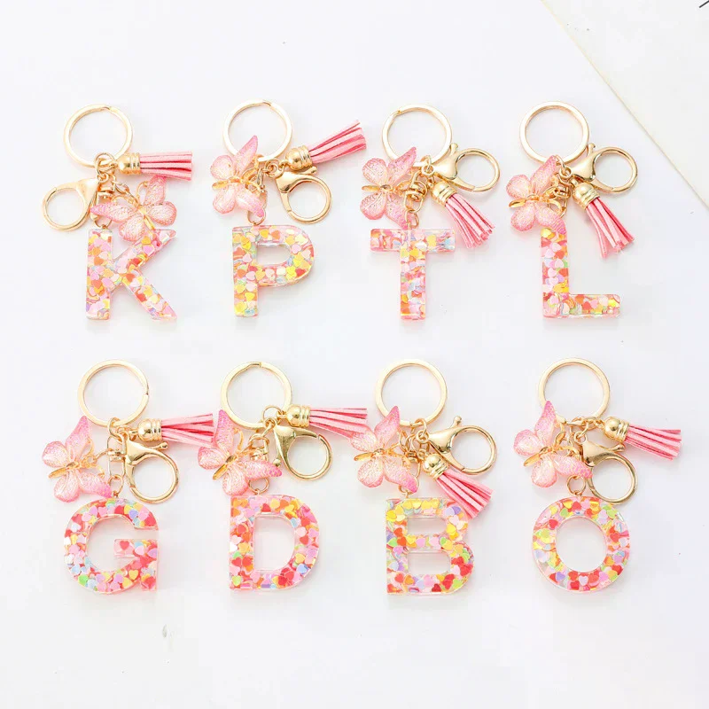 Fashion Blue Glazed Stone A To Z Letter Keychain 26 Initials Alphabet Butterfly Tassel Pendant Car Key Chain Women Jewelry GIfts