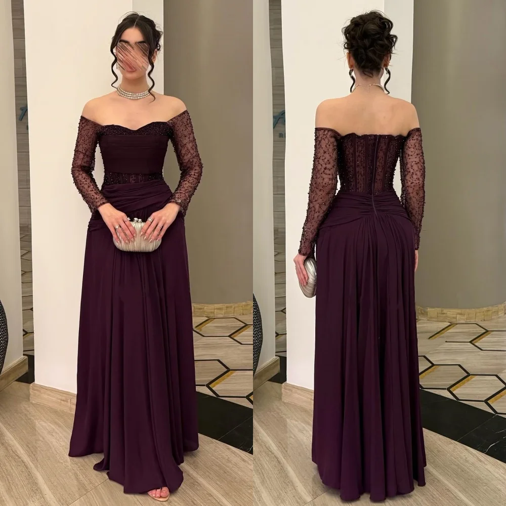 

Шифоновые плиссированные блестящие темпераментные длинные платья трапециевидной формы с открытыми плечами на заказ, женские вечерние элегантные платья на заказ