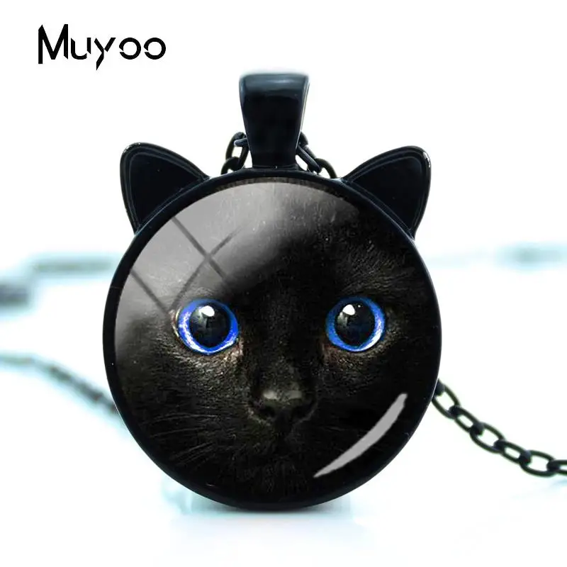 2018 New Quirky Black Cat Necklace Glow Color Eye Necklaces Glass Cabochon Pendant Fashion Jewelry