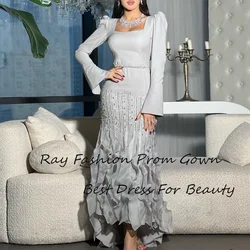 Ray Fashion Sheath High Quality Evening Dress Square Neck Cocktail Sequin With Long Puff Sleeves Fold Draped Satin Prom Gowns