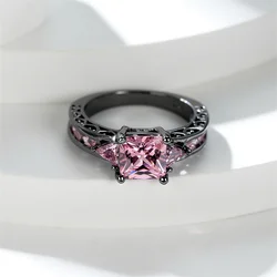 Elegant Pink Crystal Square Stone Rings For Women Vintage Black Metal Wedding Band Engagement Promise Jewelry Mother's Day Gifts