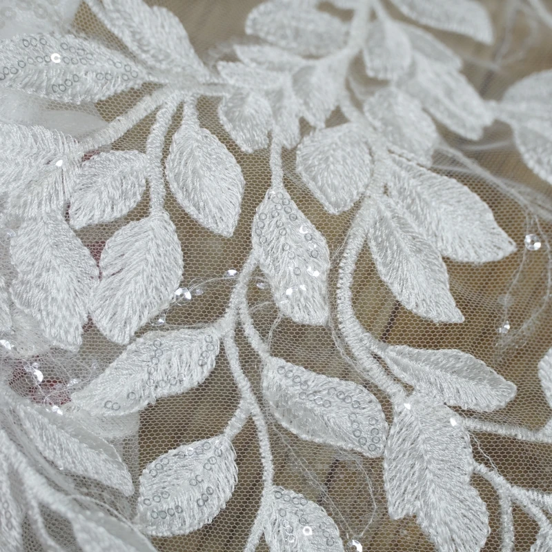 1 Yard Chic Leaf clear Sequins Embroidery Leaf Bridal Applique lace fabric Mesh For Birthday Dress, Ball Gown, Costume Design