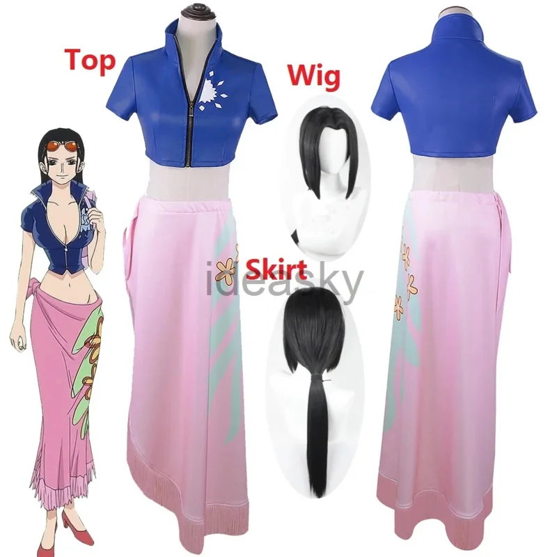 Women Nico Robin Top and Floral Pattern Wrap Skirt Cosplay Costume Kimono Dress Onigashima Wig Outfit Wig Full set PA1685