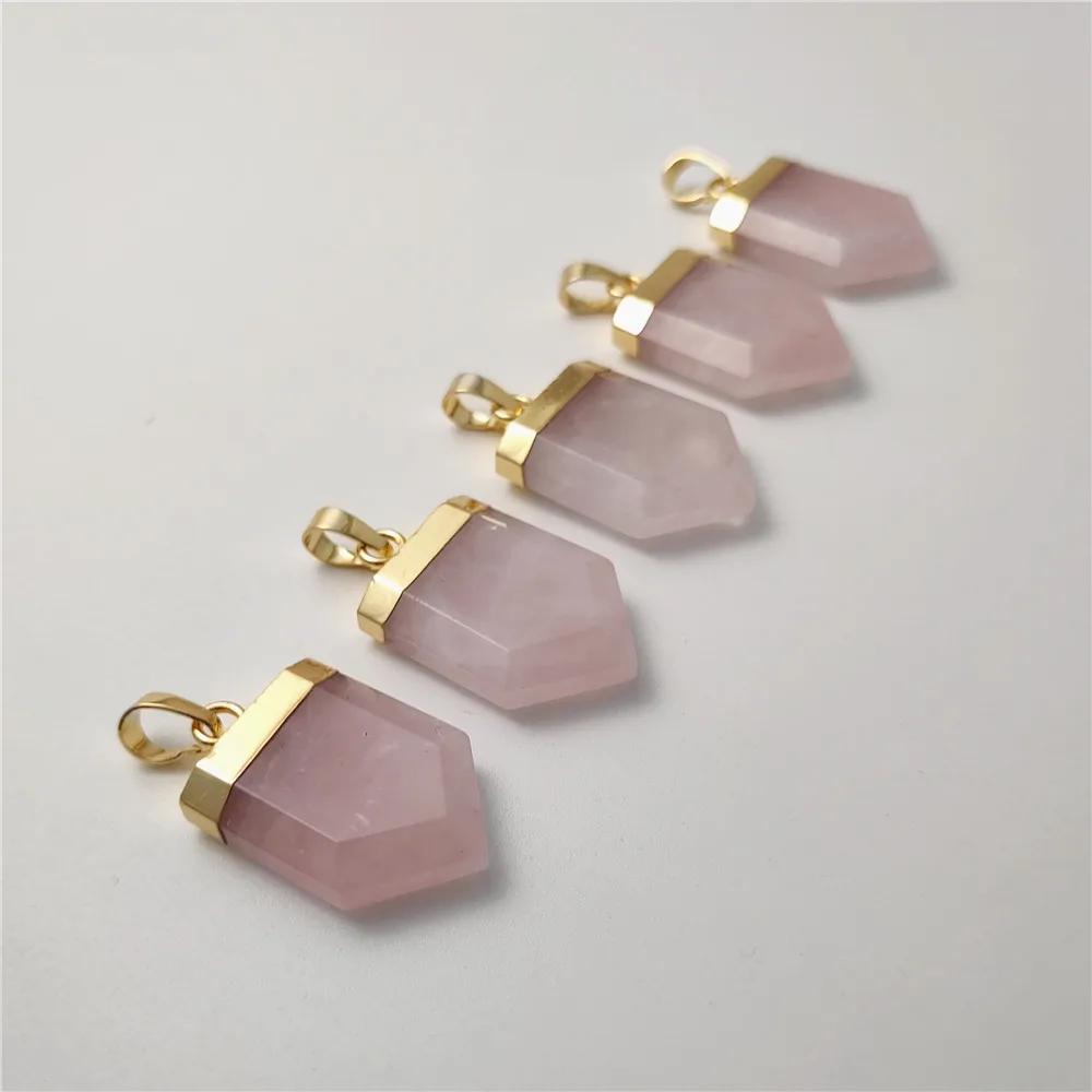 FUWO Wholesale Natural Rose Quartzs Pendant,Golden Plated Shield Shape Crystal Accessories For Women Jewelry Make 5Pcs/Lot PD422