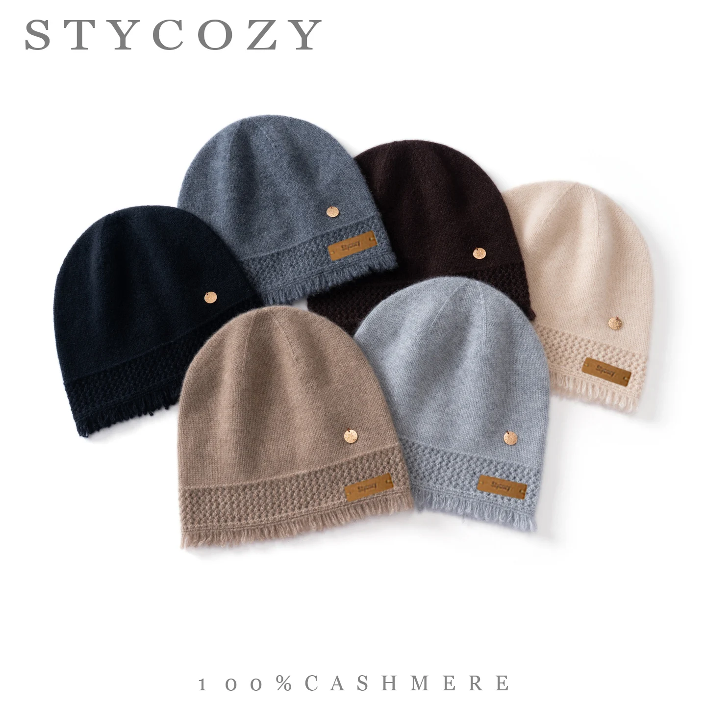100% Cashmere Knit Beanie Hat  Women Unisex Winter Tassel Trim Soft Warm Slouchy Knitted Cap Daily Outdoor Warm Headwear
