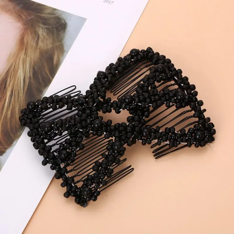 Women Twist Rhombus Beaded Hair Side Combs Stretchable Double Clips Bun Maker Dropshipping