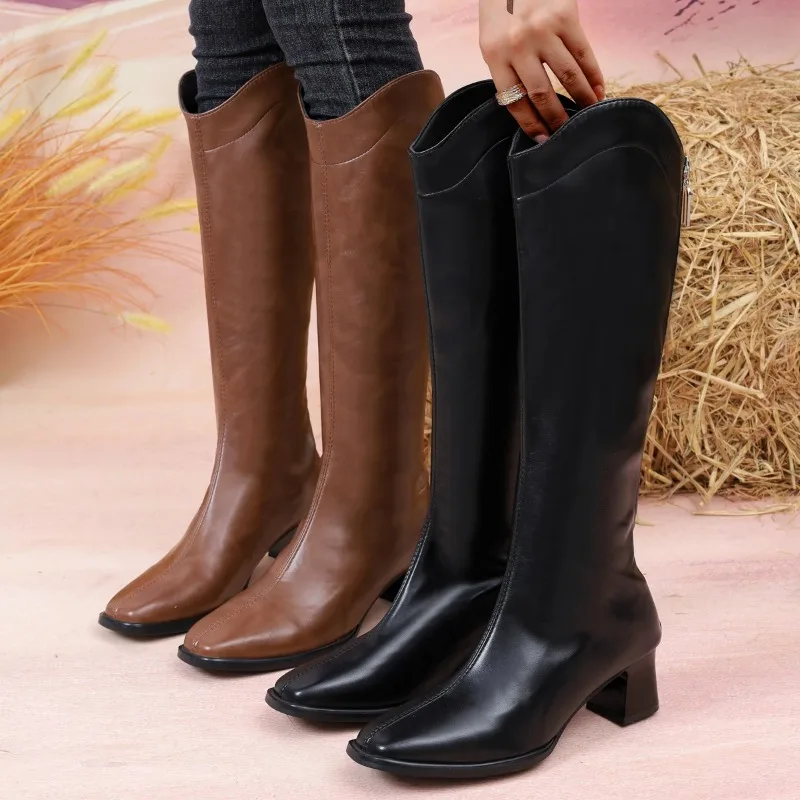 

Fashion New Round Toe Sexy Zipper Square Heel Casual Boots Winter Comfortable and Elegant Non-slip Mid-tube Boots for Women