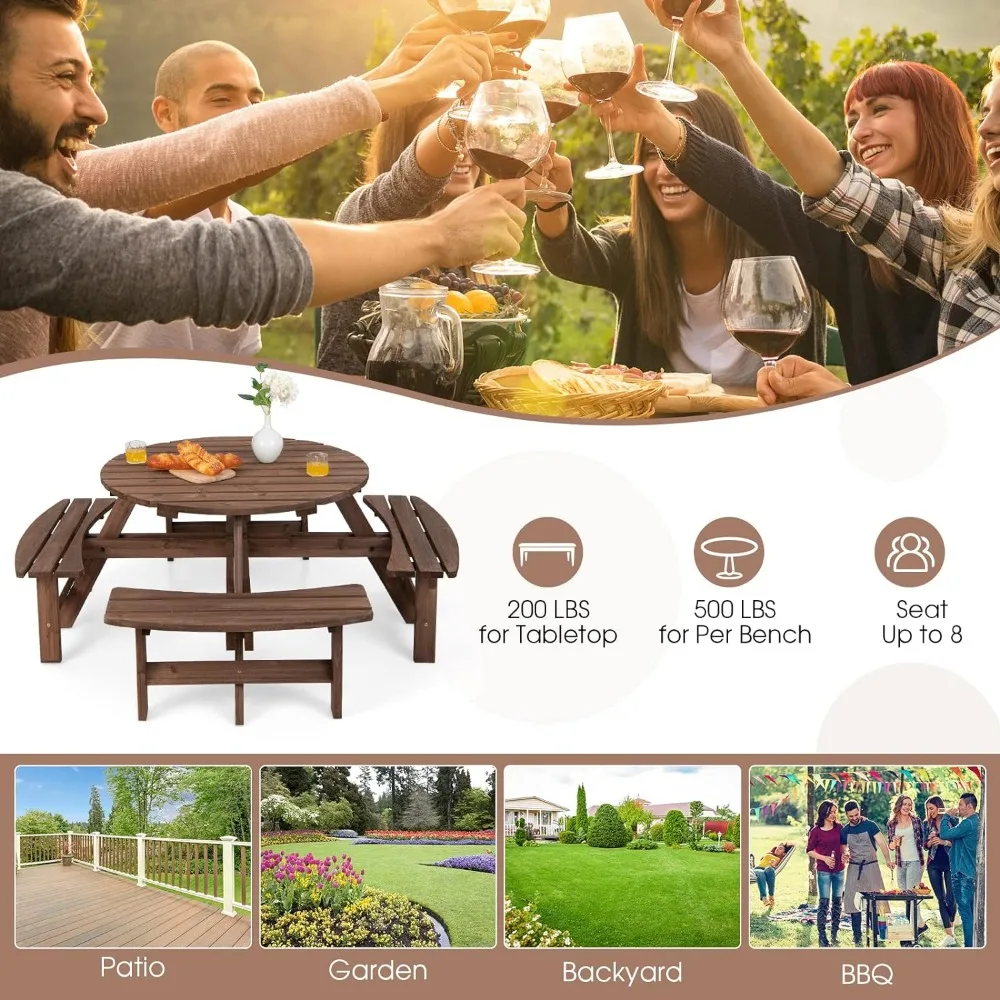 8 Person Wooden Picnic Table, Outdoor Round Patio Table with Seat & Umbrella Hole, 2200 LBS Weight Capacity for Patio, Backyard