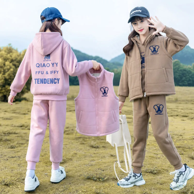 Spring Winter Junior Girls Thicken Velvet Casual Clothes Sets Baby Girls Fleece Vest+Hooded Sweatshirt+Pants 3pcs Outfit Sets