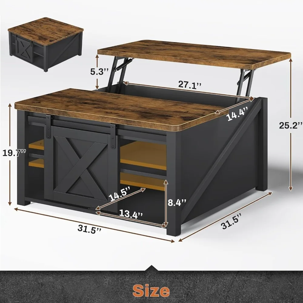 Lift Top Coffee Table with Sliding Barn Door &Storage Shelf, Square Coffee Table
