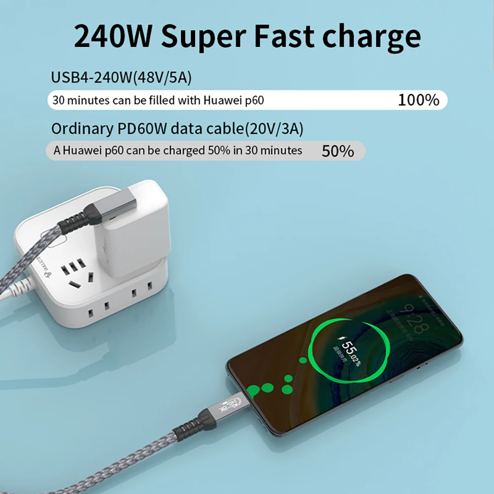 Cable USB Thunderbolt 4 de ángulo de 90 grados, Cable de transferencia de datos tipo C PD240W DE CARGA RÁPIDA, 40gbps