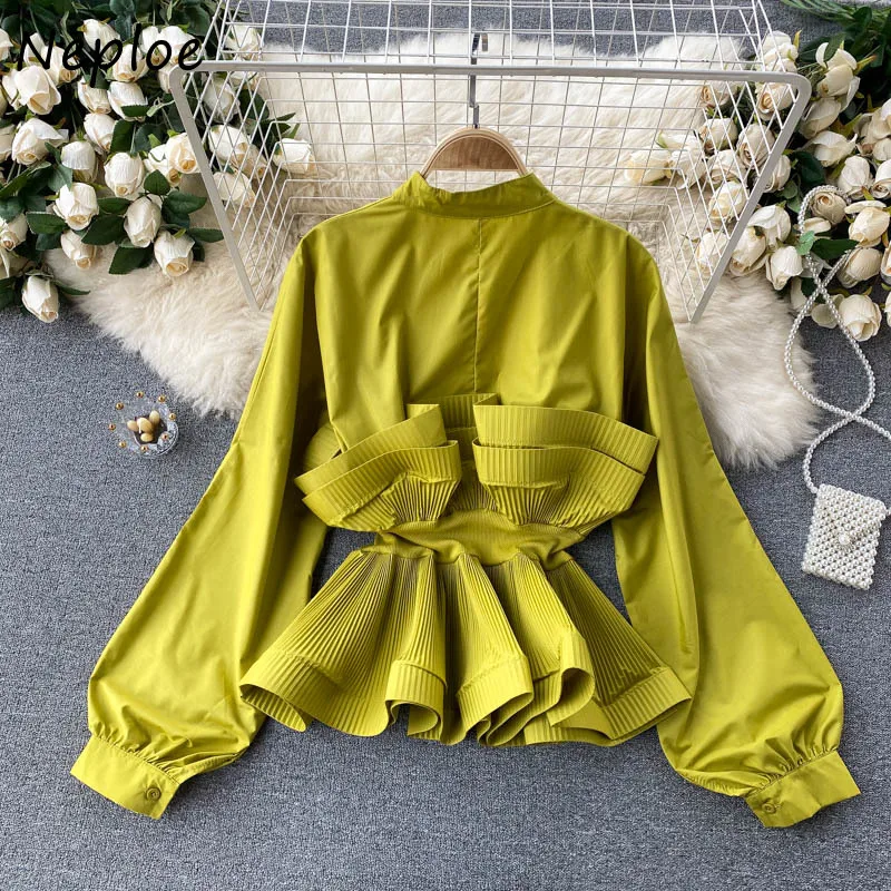 Neploe O Neck Puff Long Sleeve Slim Blouse Women Ruffles Patchwork Work Style Ol Solid Blusas Spring 2024 New Slim Waist Shirt